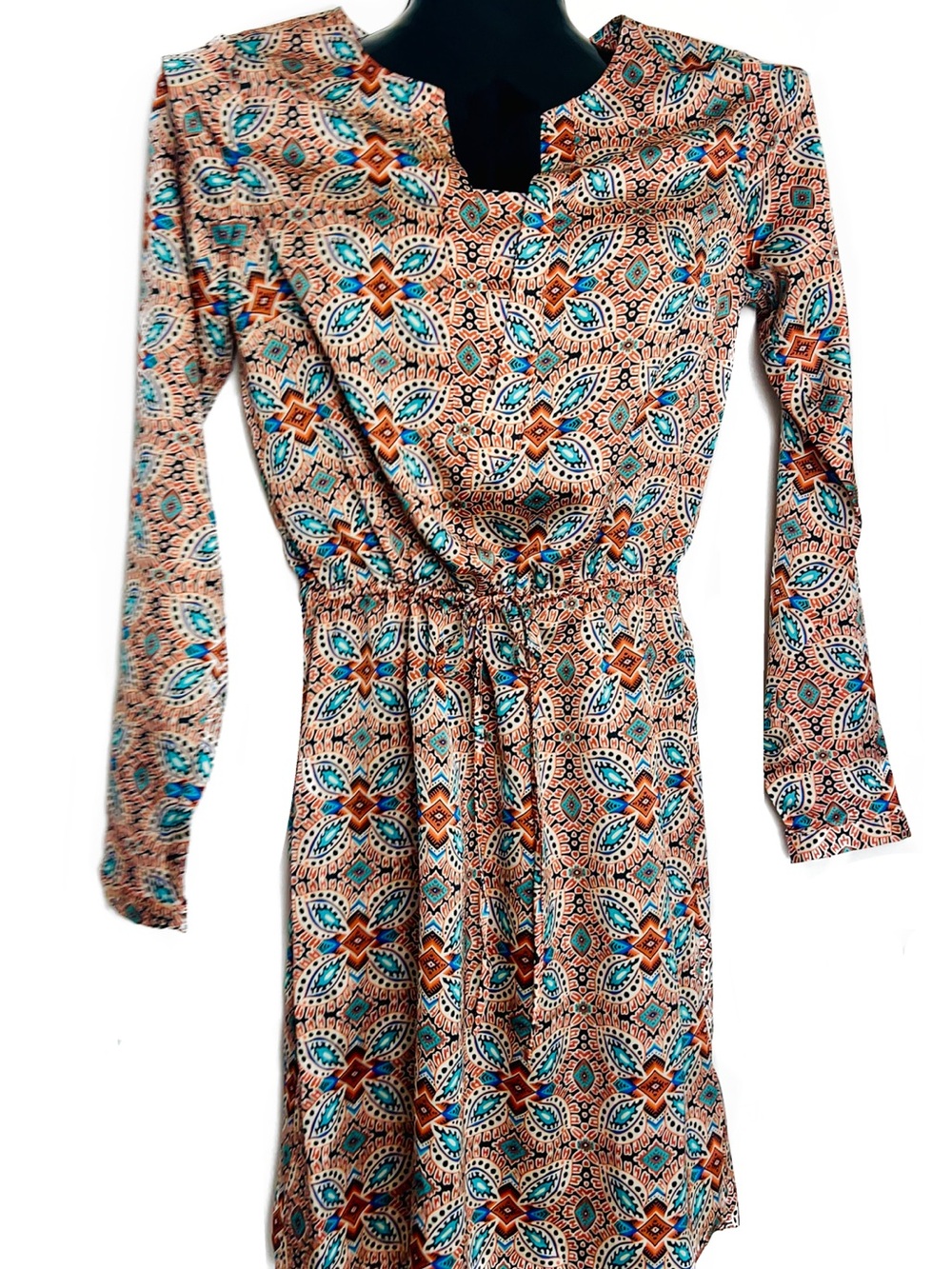 *NWT Classy Long Sleeve Drawstring Waisted Dress with Teal Enhanced Pattern